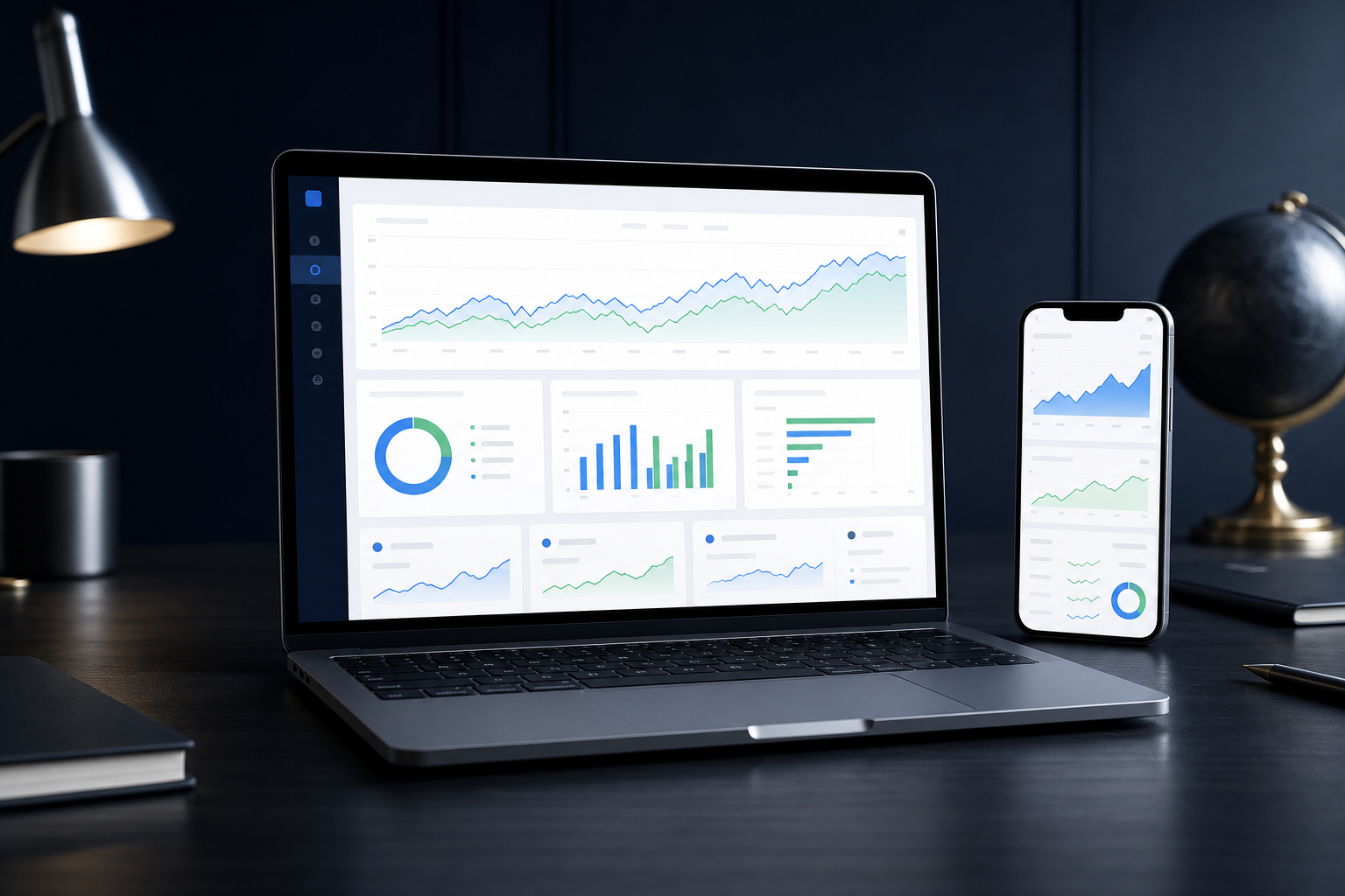 Investor analytics shown on laptop and phone